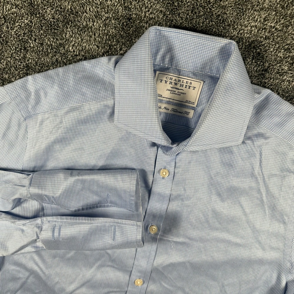 Charles Tyrwhitt Dress Shirt Men 15/33 Tailored Fit Blue Micro Check French Cuff